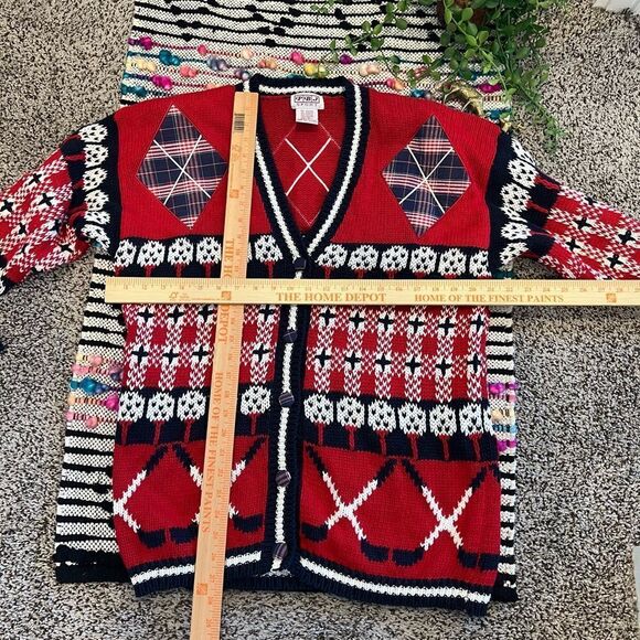 Vintage PBJ Sport 90s 80s Red Blue White Golf Prep Novelty Cardigan Sweater Sz M - Picture 14 of 16
